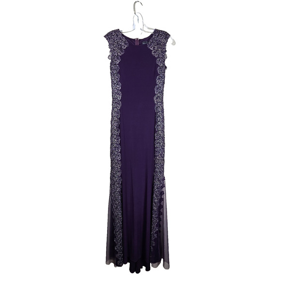 XSCAPE Purple Crochet Lace Column Gown Formal Dress 4 Sheer Stretch Event Party - Picture 16 of 16